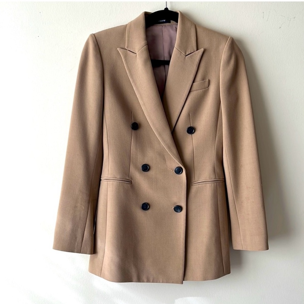 Theory Double-Breasted Suit Blazer in Camel Neutral Tan side 4.